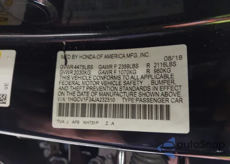 2018 Honda Accord Sport from USA, damaged, VIN 1HGCV1F34JA232510